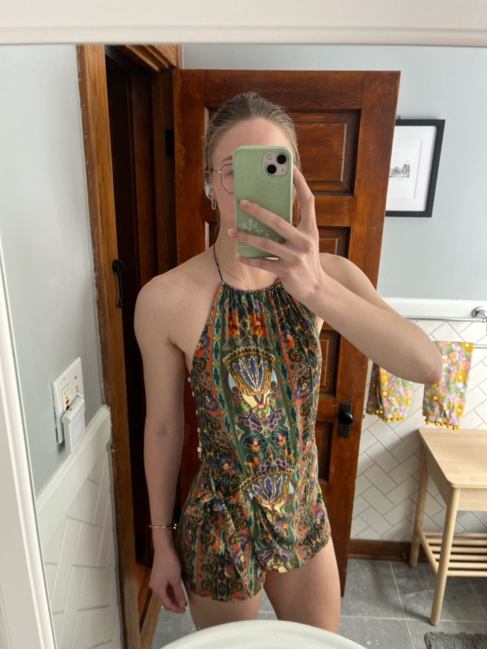 FARM Rio Halter Romper with Multicolor Print and Faux Wrap Skirt